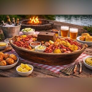 Vtg Wooden Noah’s Ark Display Boat, Rustic Farmhouse Entertaining Centerpiece